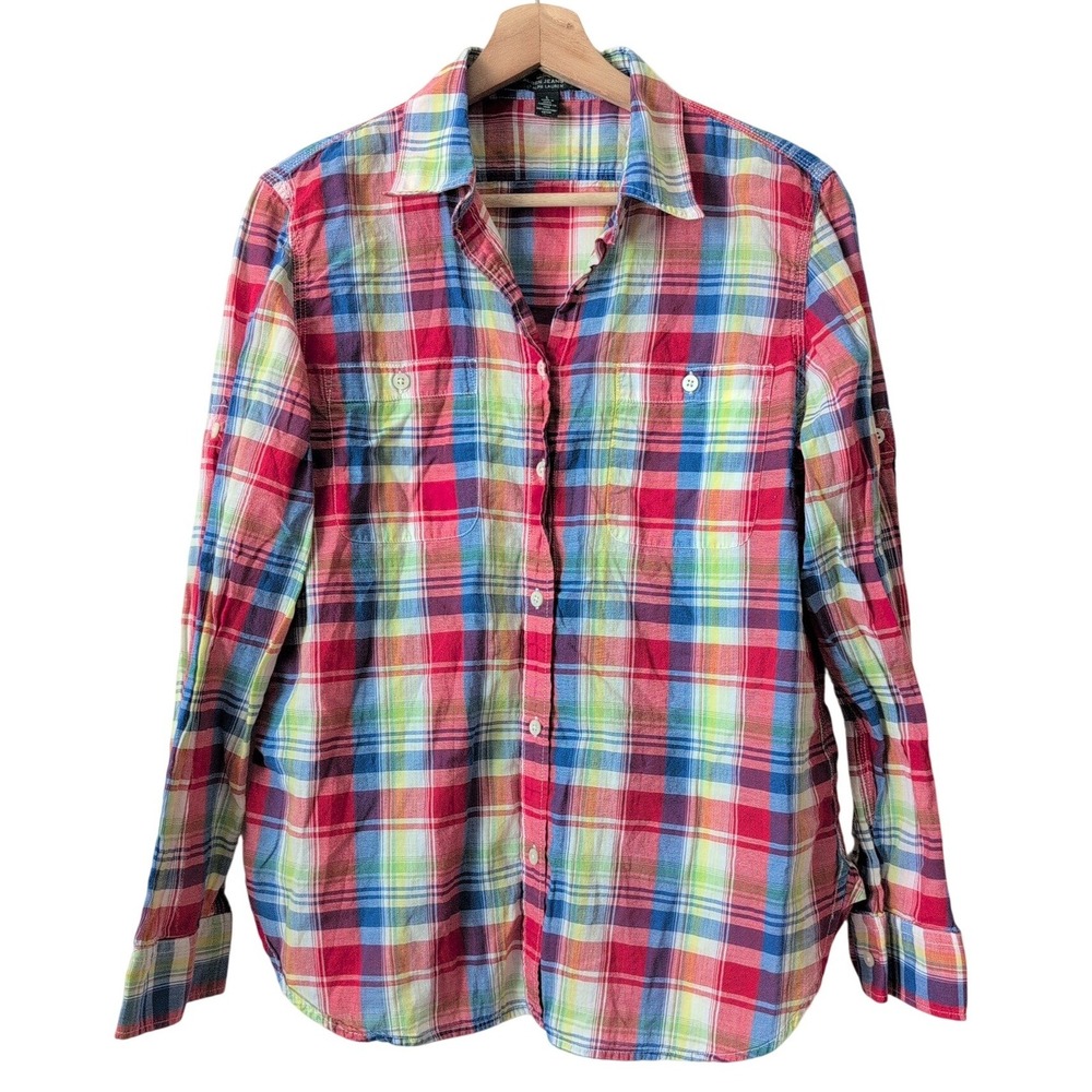 Ralph Lauren Jeans Co Plaid Button Down Shirt Roll Tab Sleeve Red Blue L Preppy